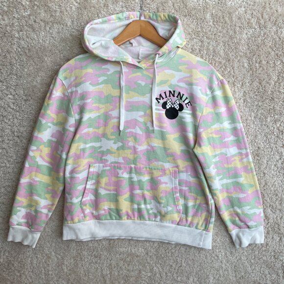 Disney Minnie Mouse Camo Pullover Hoodie Women M Graphic Fleece Preppy Travel - Picture 1 of 7